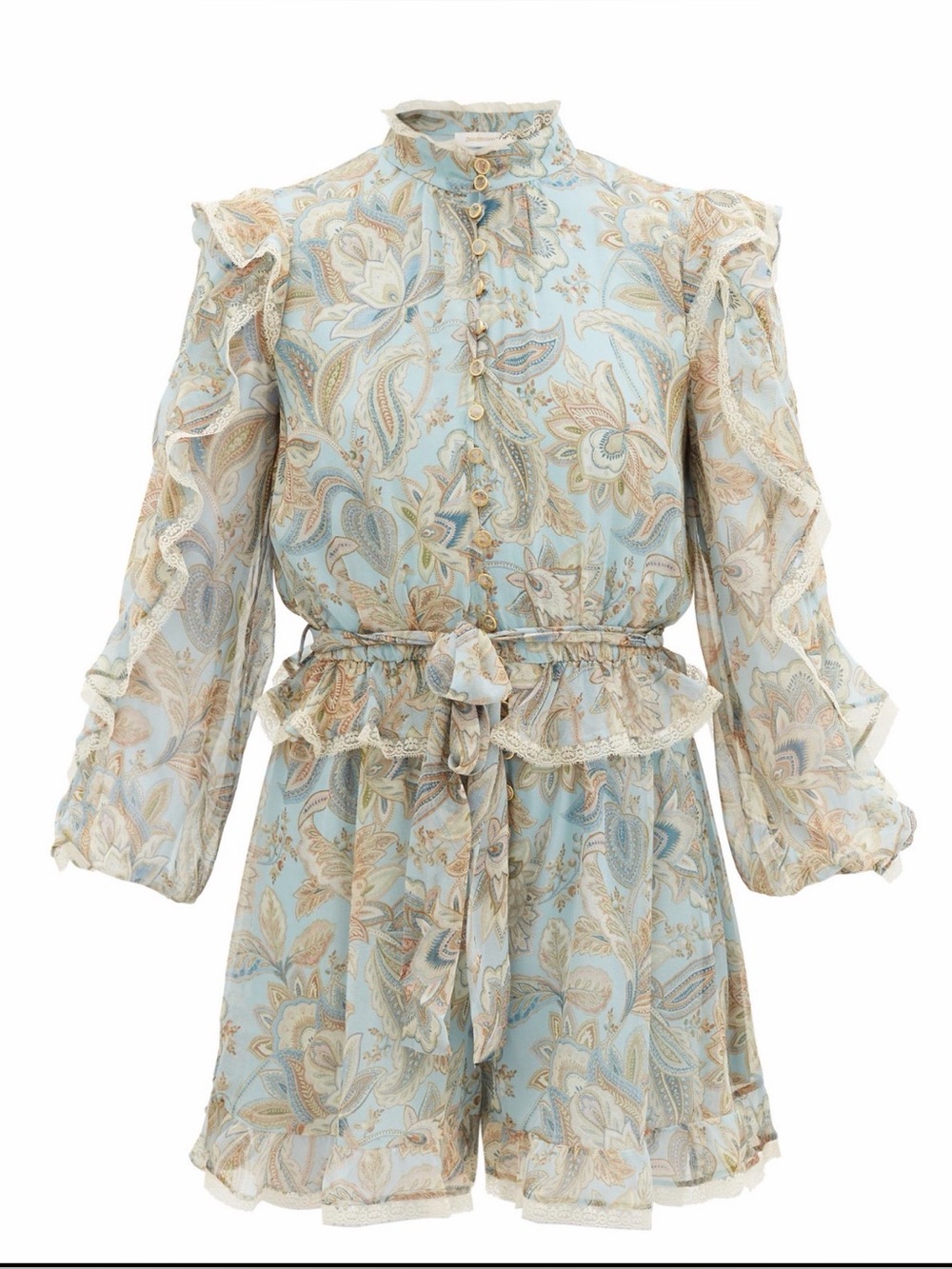 Floral Ruffle Tie-Waist Romper in Light Blue AU0， US4